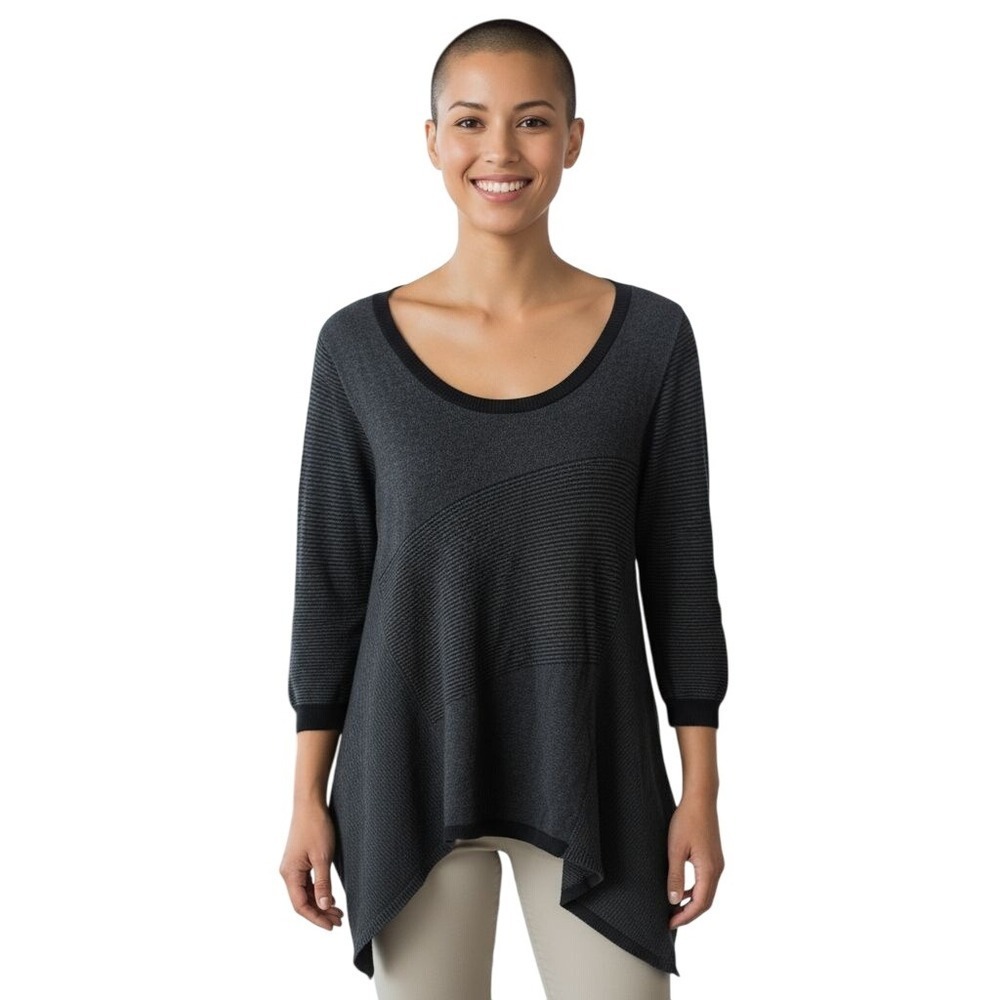 Max Studio‎ Womens Gray Black Striped Tunic Sweater Hanky Hem Size M